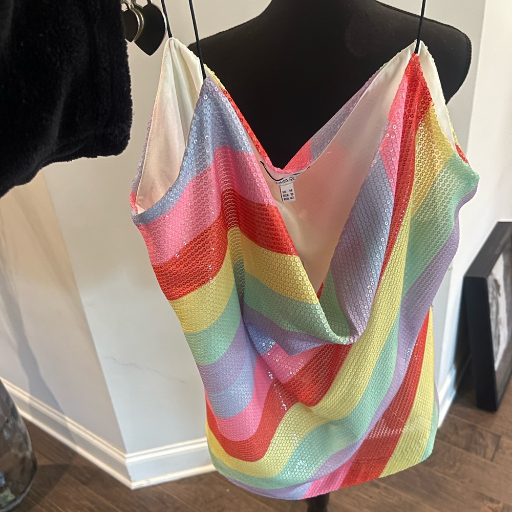 OLIVIA RUBIN sequins Rainbow Stripe dressy camisole with Pink Details.  NWT $195